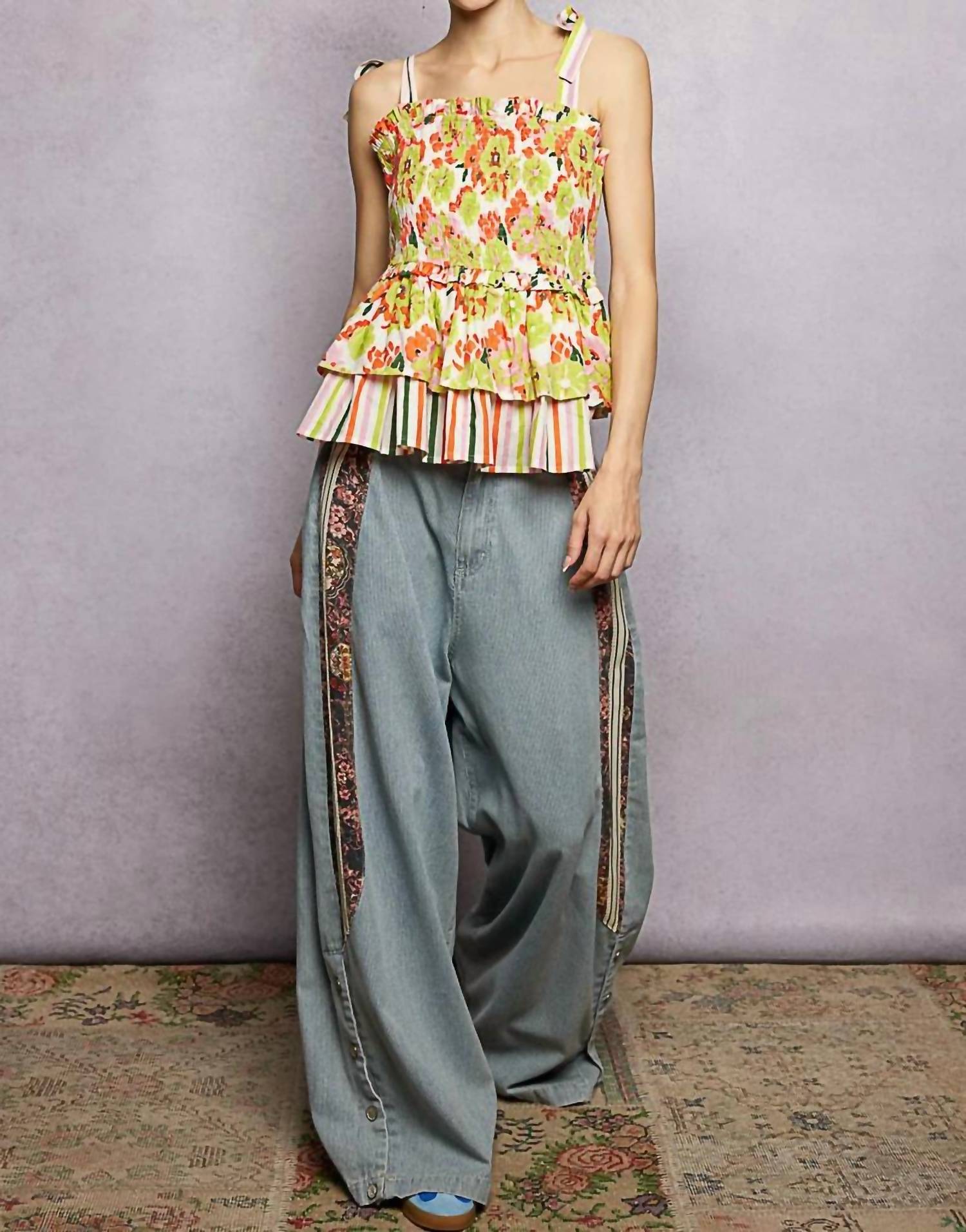 Pol - Shirred Ruffle Adjustable Strap Printed Sleeveless Top