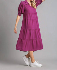 Umgee - Tiered Cuffed Sleeve Midi Dress