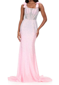 ASHLEYlauren Square Neck Pearl Embellished Prom Dress in ice pink - women's dress