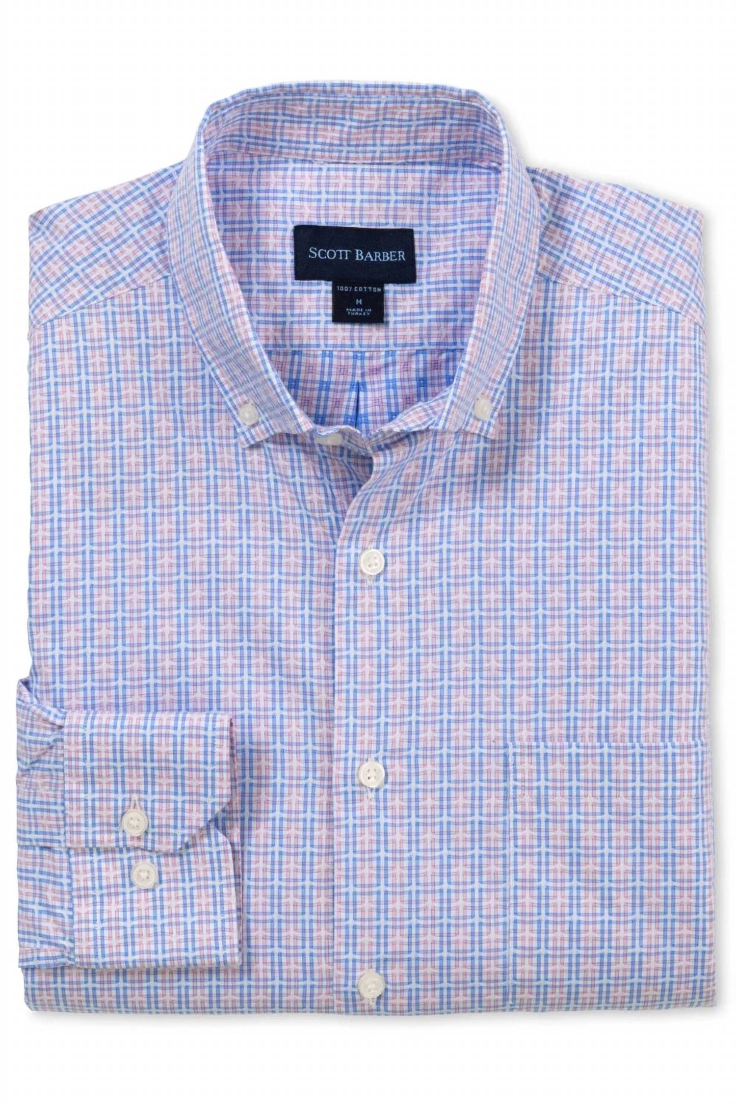 Scott Barber - Men's Jacquard Plaid Cotton Windowpane Check Sport Shirt