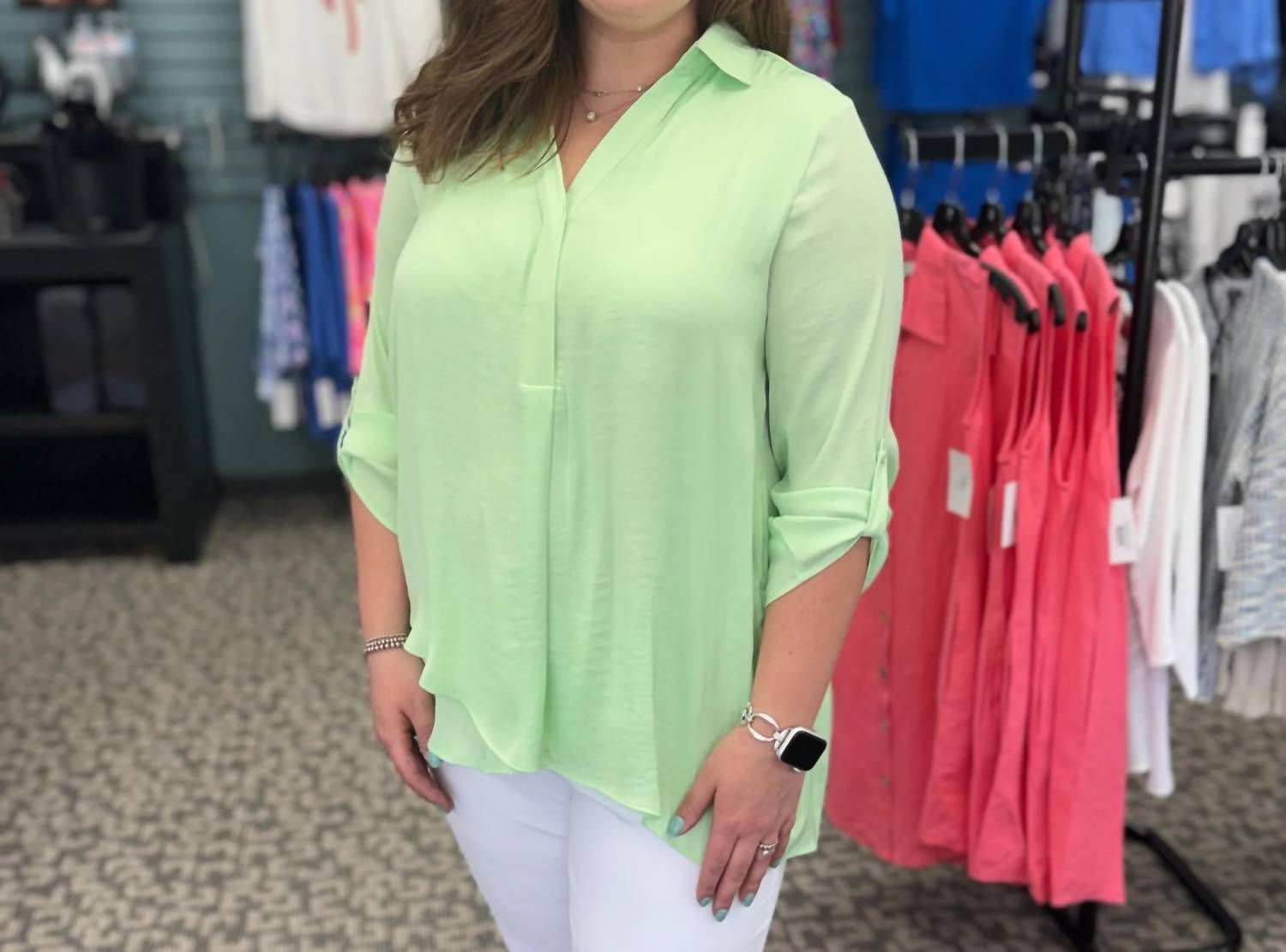 Renuar - V-neck Collared Woven Blouse - Plus