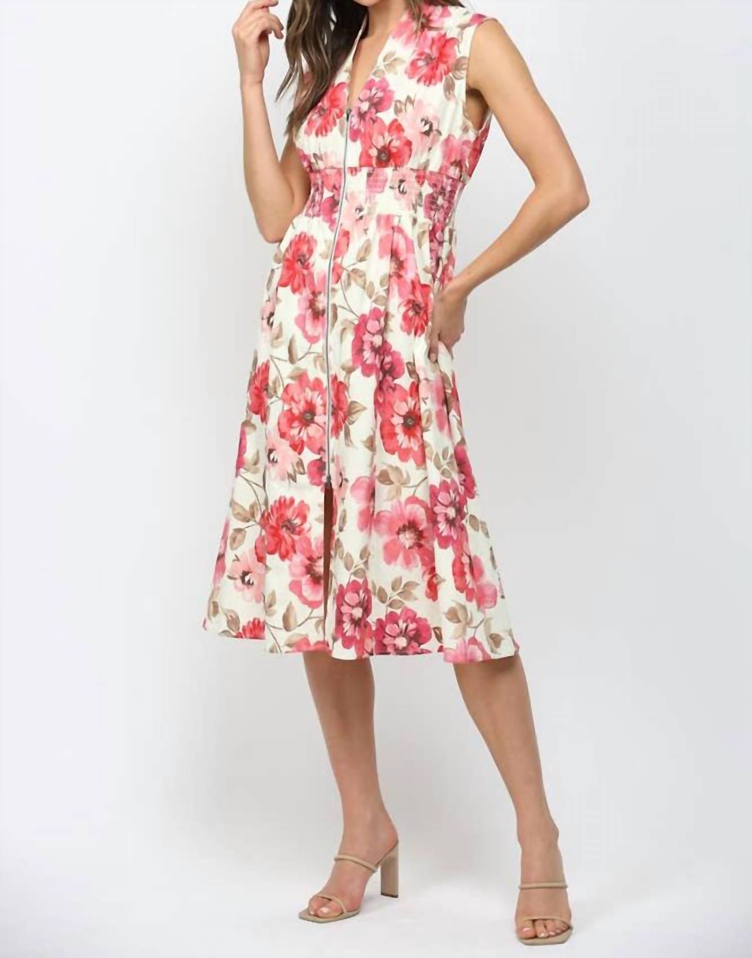 Fate - Floral Smocked Waist Front Zip Dress
