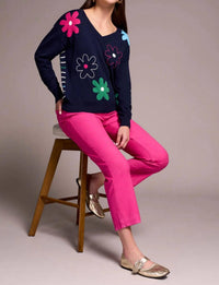 Tribal - Embroidered Daisy Flowers Front Cotton Sweater