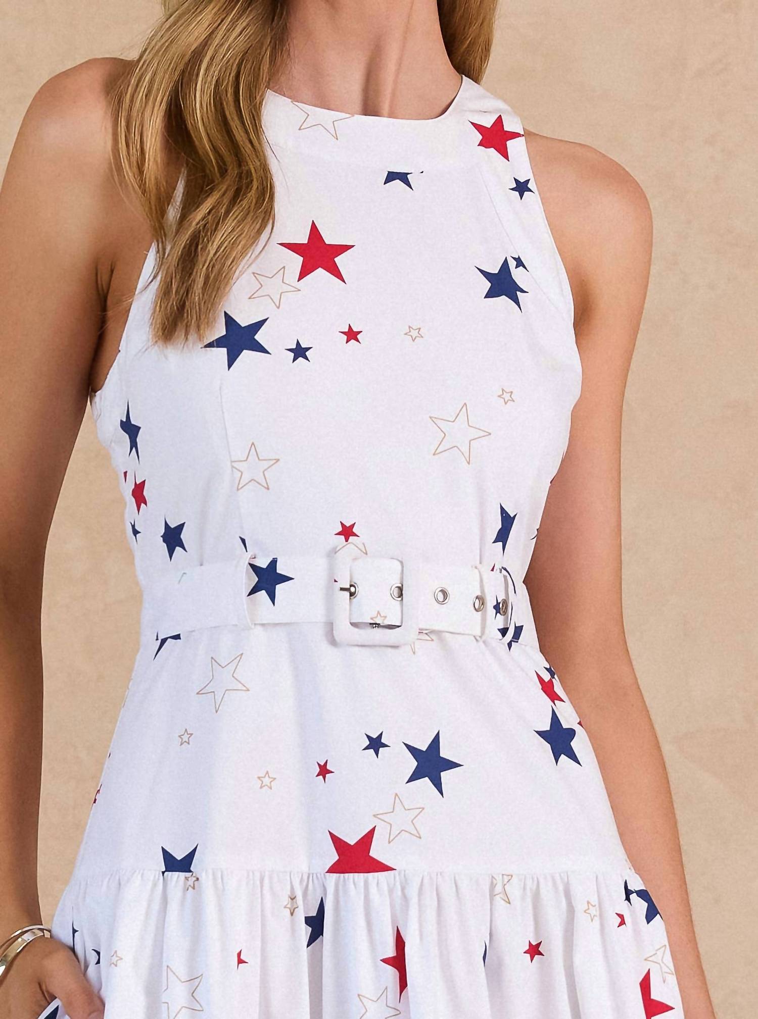 Current Air - Star Printed Belted Sleeveless Midi Dress