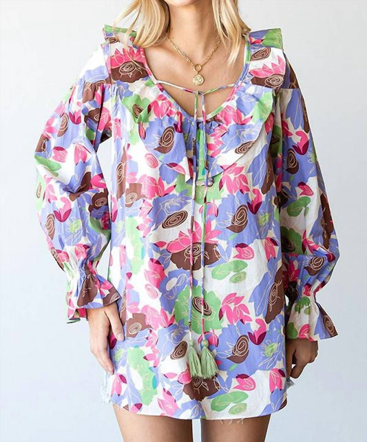 First Love - Floral Ruffle V-Neck Tassel Drawstring Top