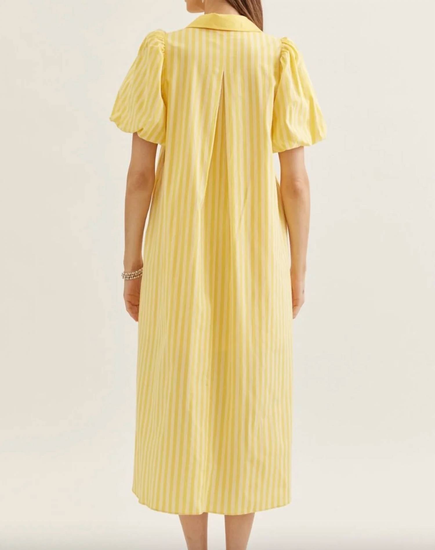 Entro - Striped Short Puff Sleeve Midi Dress