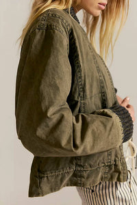 Free People We The Free Jax Washed Bomber Jacket in olive - women's jacket - detail view