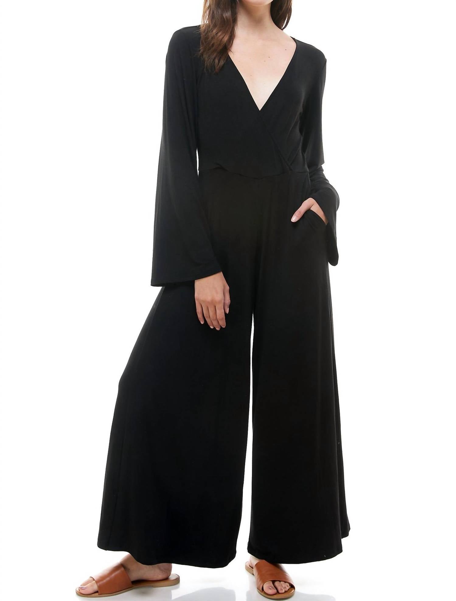 Loving People - V-neck Bell Long Sleeve Wide Leg Jumpsuit