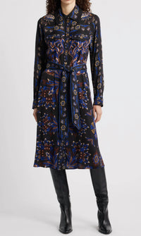 Farm Rio - Arabesque Mix Scarves Long Sleeve Tie Belt Shirtdress