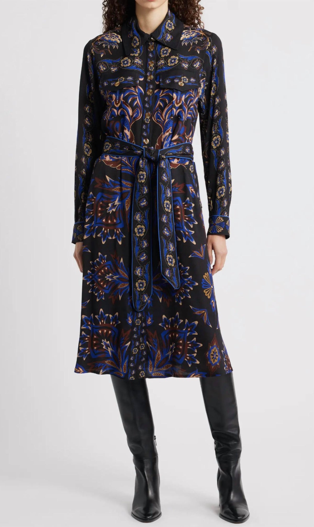 Farm Rio - Arabesque Mix Scarves Long Sleeve Tie Belt Shirtdress