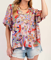 Easel Bohemian Paisley Print Tassel Front Top in blush red - women's t-shirt - detail view