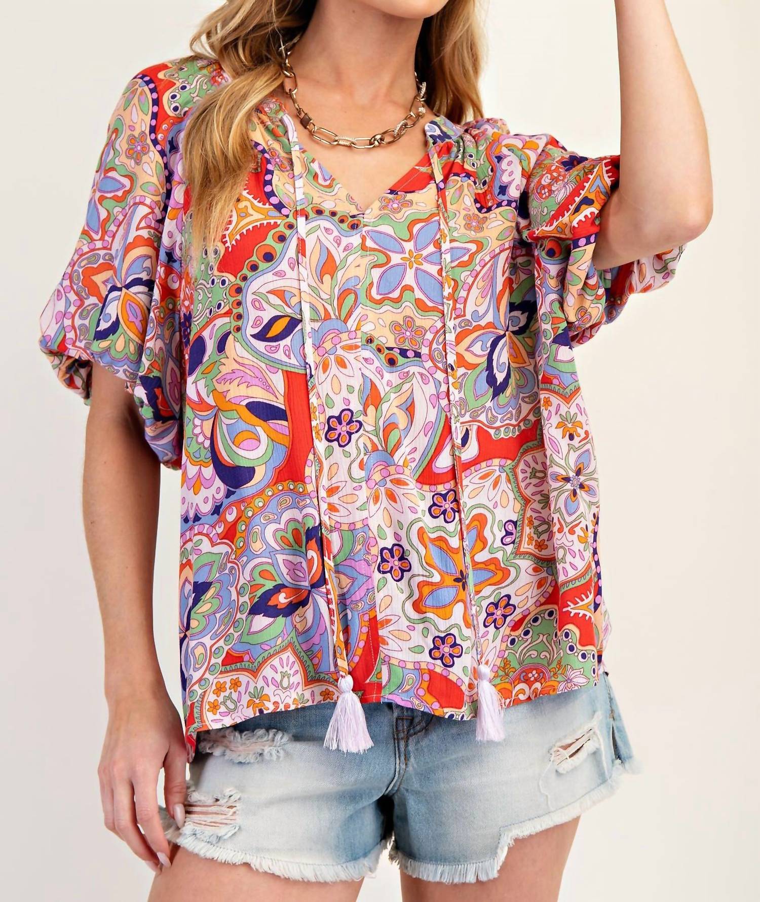 Easel Bohemian Paisley Print Tassel Front Top in blush red - women's t-shirt - detail view