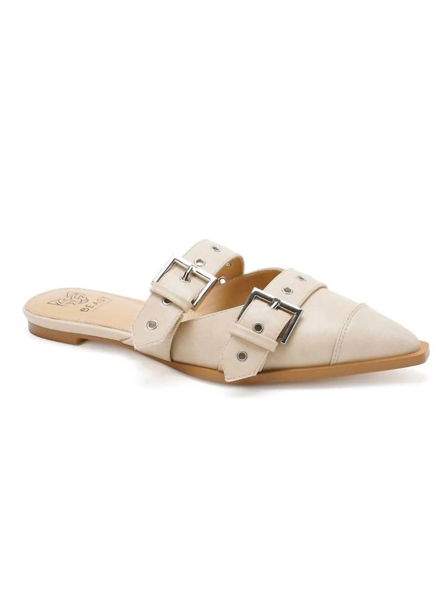 Beast Fashion - Women's Double Buckle Strap Pointed Toe Flat Mules