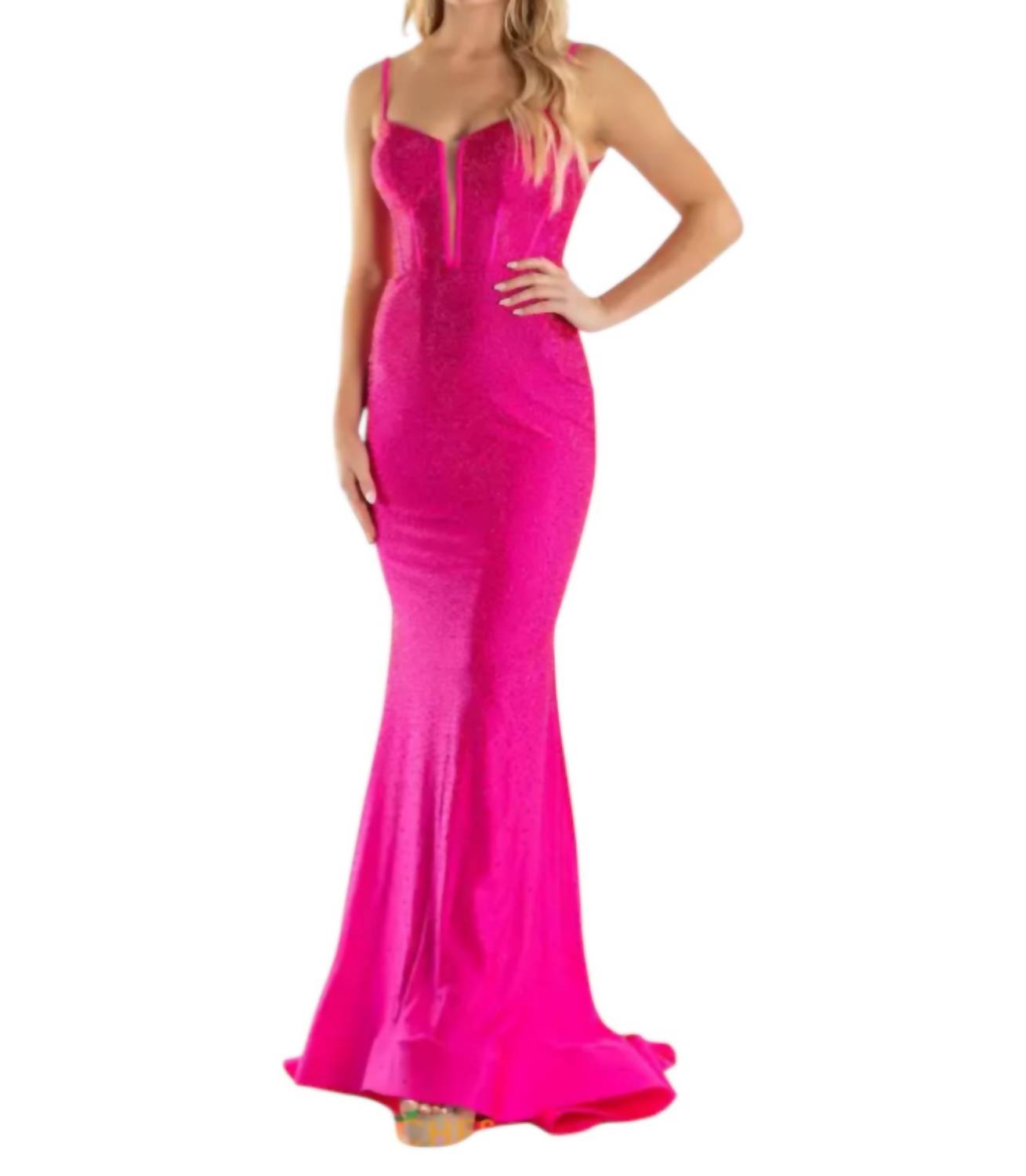 Sherri Hill Corset Top Embellished Dress in bright fuchsia - women's dress - detail view