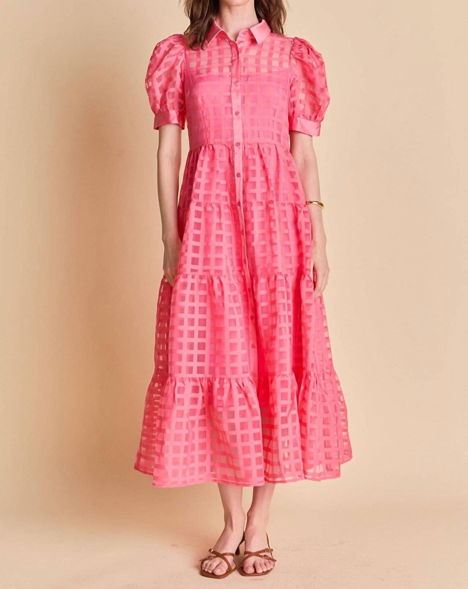 English Factory Gridded Organza Tiered Maxi Dress in coral - women's dress