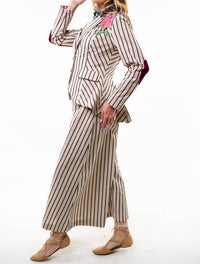 Aratta Derby Princess Blazer And Wide Leg Pants Set in cream stripes - women's jacket - detail view