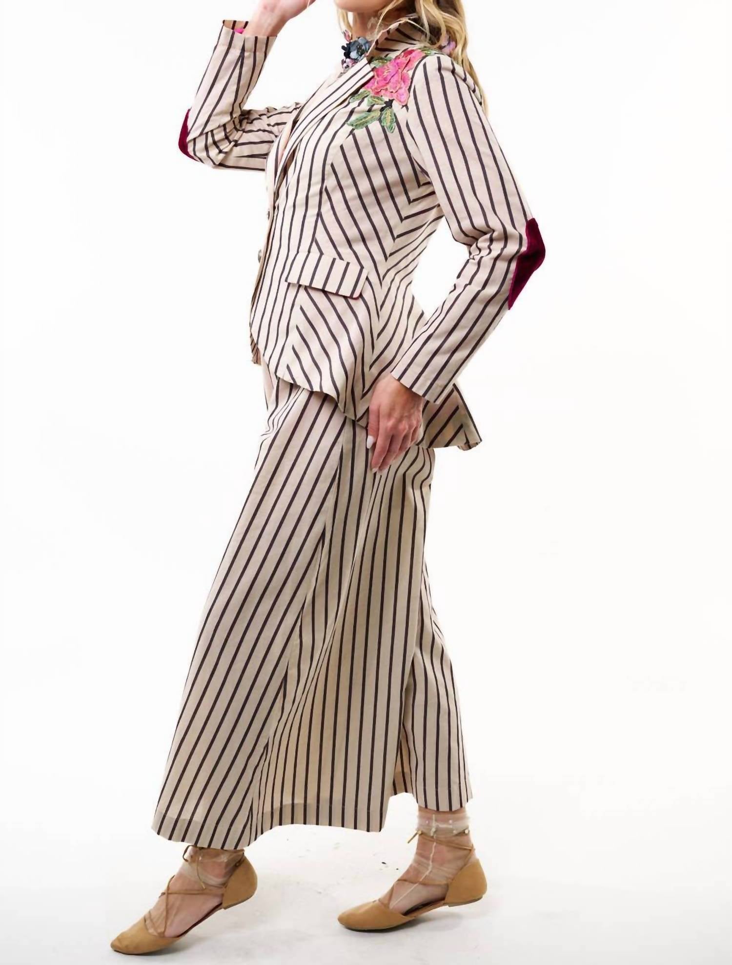 Aratta Derby Princess Blazer And Wide Leg Pants Set in cream stripes - women's jacket - detail view