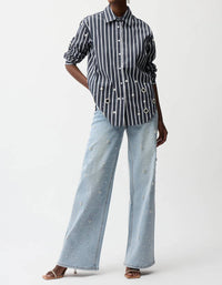 Joseph Ribkoff - Stretch Cotton Stripe Print Boxy Blouse With Rhinestones