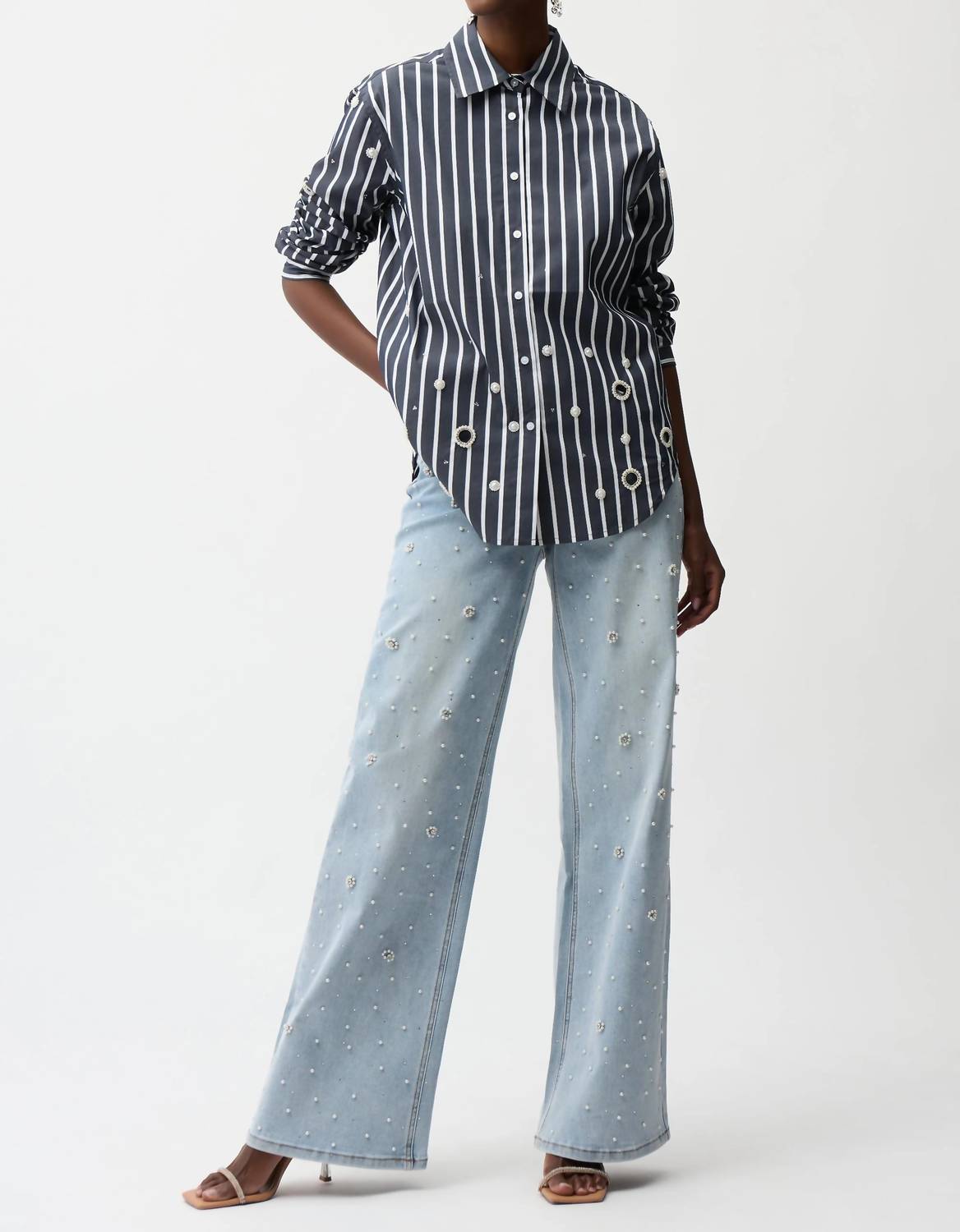 Joseph Ribkoff - Stretch Cotton Stripe Print Boxy Blouse With Rhinestones