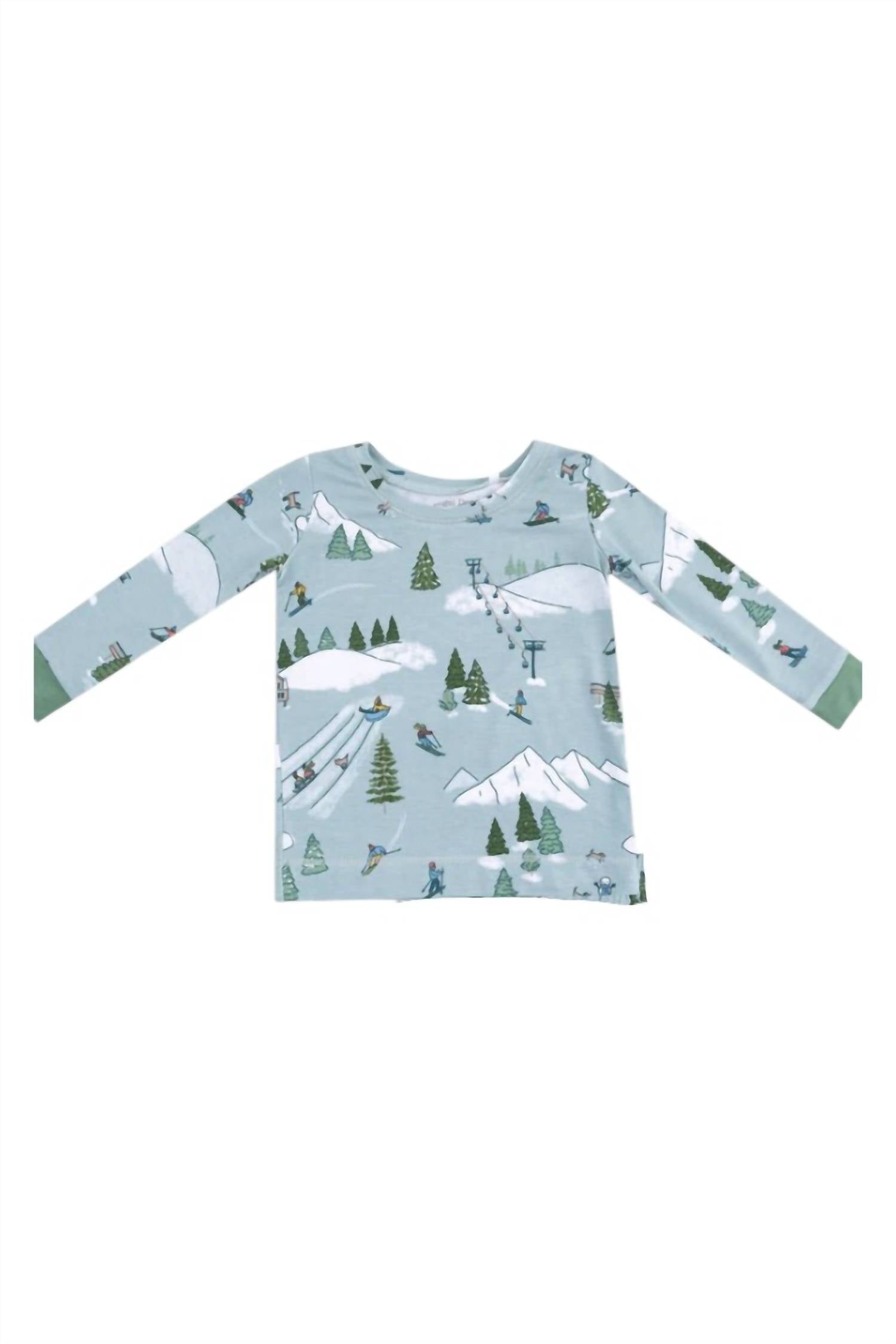 ANGEL DEAR Boys Long Sleeve Loungewear Set in winter fun skiers - kids' sleepwear - detail view