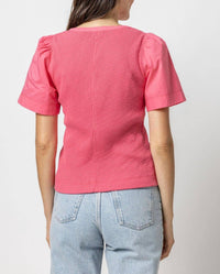 Lilla P - Woven Sleeve Split Neck Top