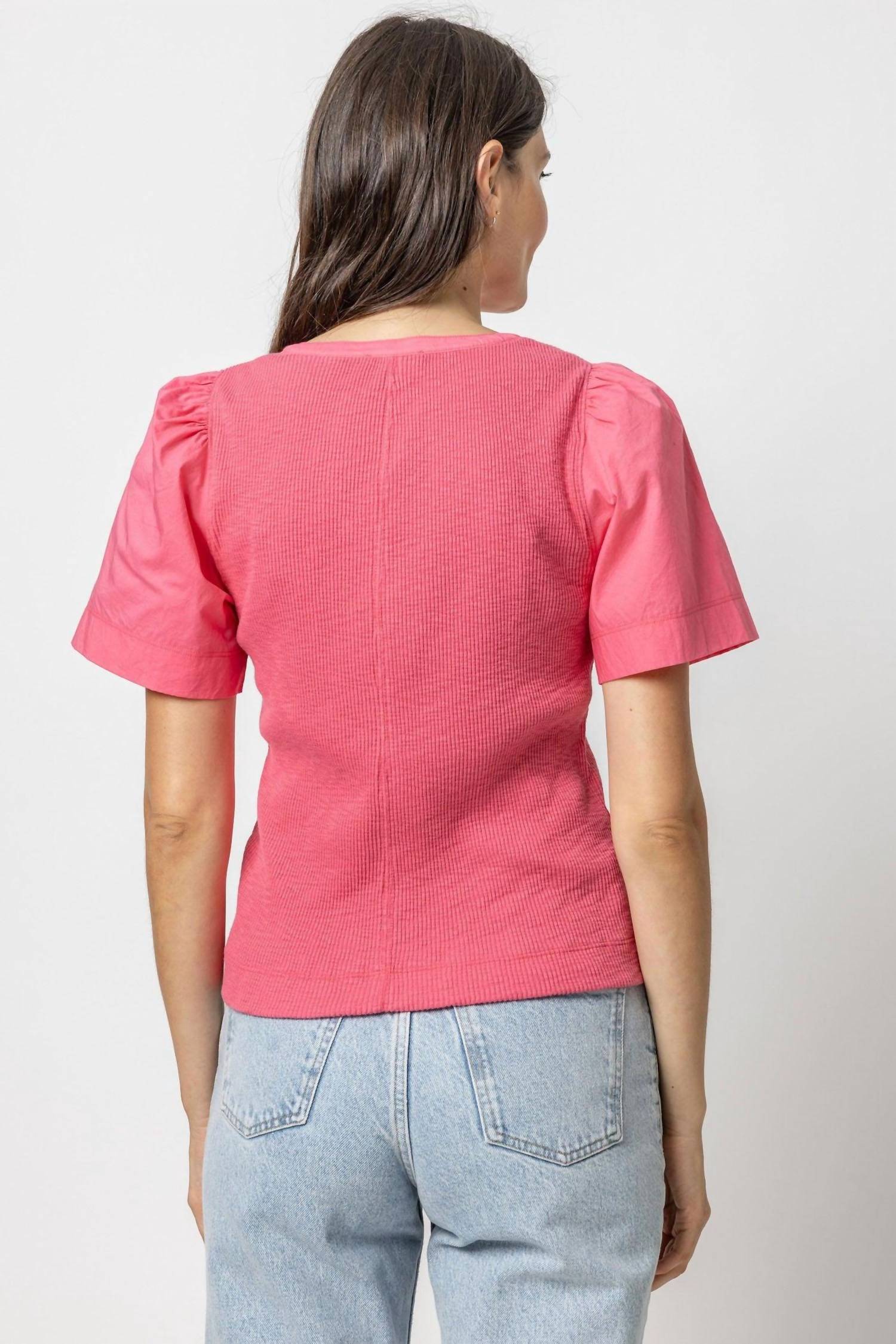 Lilla P - Woven Sleeve Split Neck Top