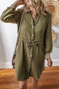 Threaded Pear - Textured Button Up Tied Dress