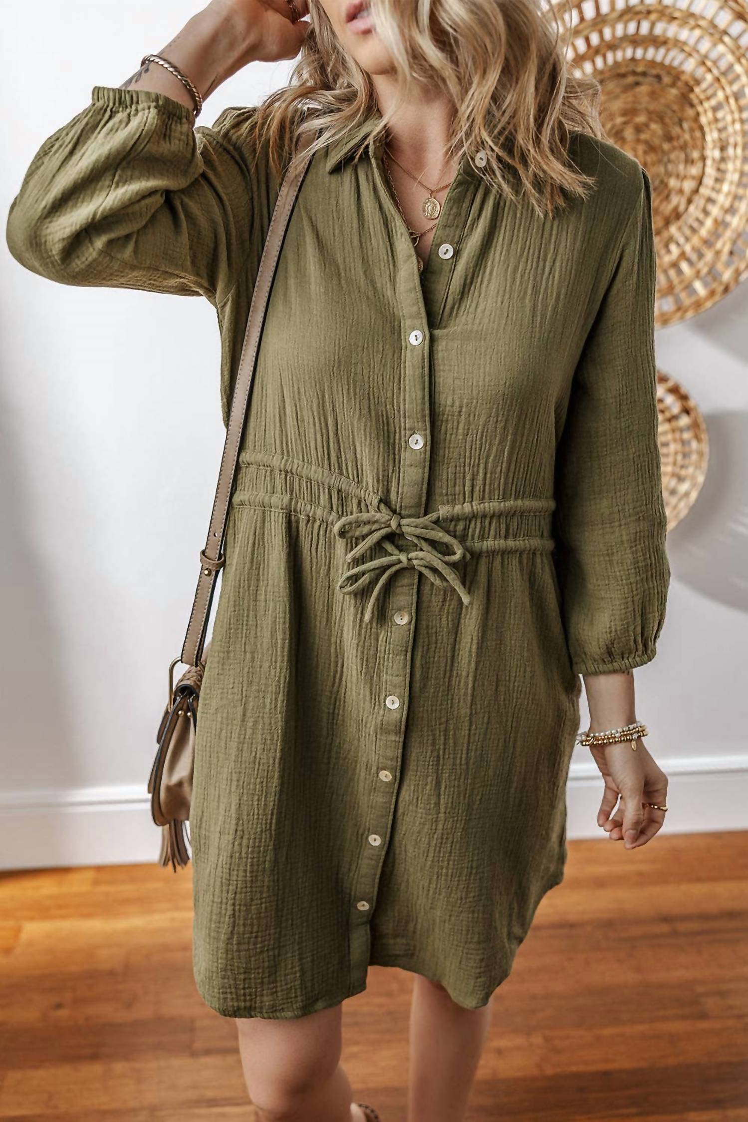 Threaded Pear - Textured Button Up Tied Dress