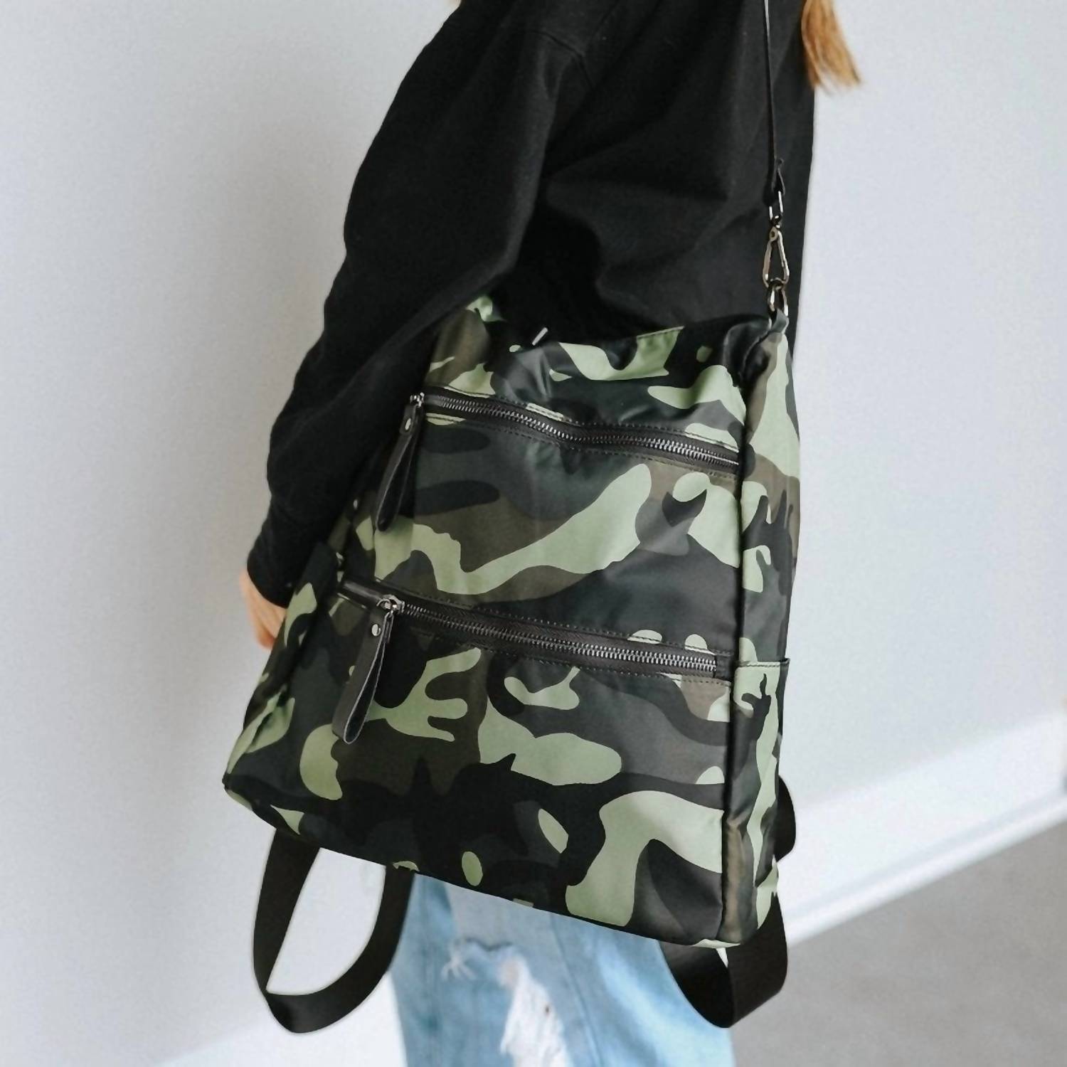 Pretty Simple Nori Nylon Zipper Backpack in green camo - women's bag - alternate view