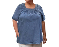On The Plus Side - Chambray Short Sleeve Pop Over Top - Plus