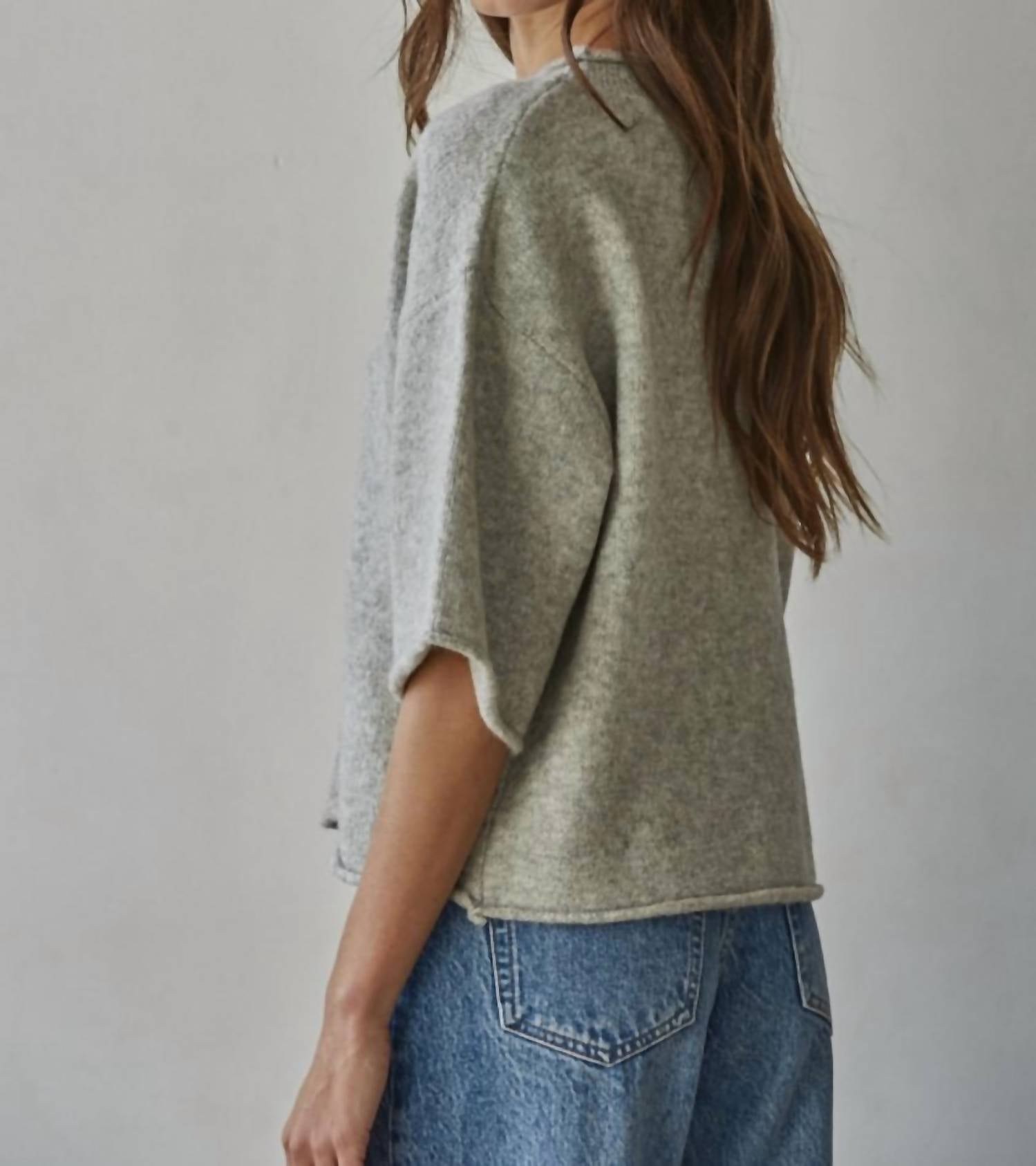 By Together Kelsey Solid Quarter Sleeve Cardigan in heather gray - women's blouse - detail view