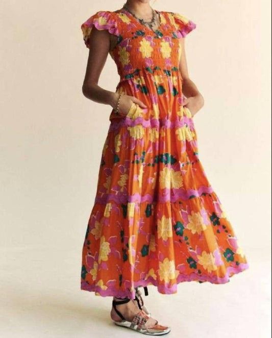 Davi & Dani - Floral Flutter Sleeve Midi Dress