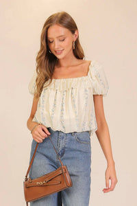 Lumiere - Lace Trim Floral Puff Sleeve Blouse