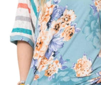 Celeste - Denim Floral Stripe Sleeve Top - Plus