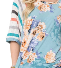 Celeste - Denim Floral Stripe Sleeve Top - Plus