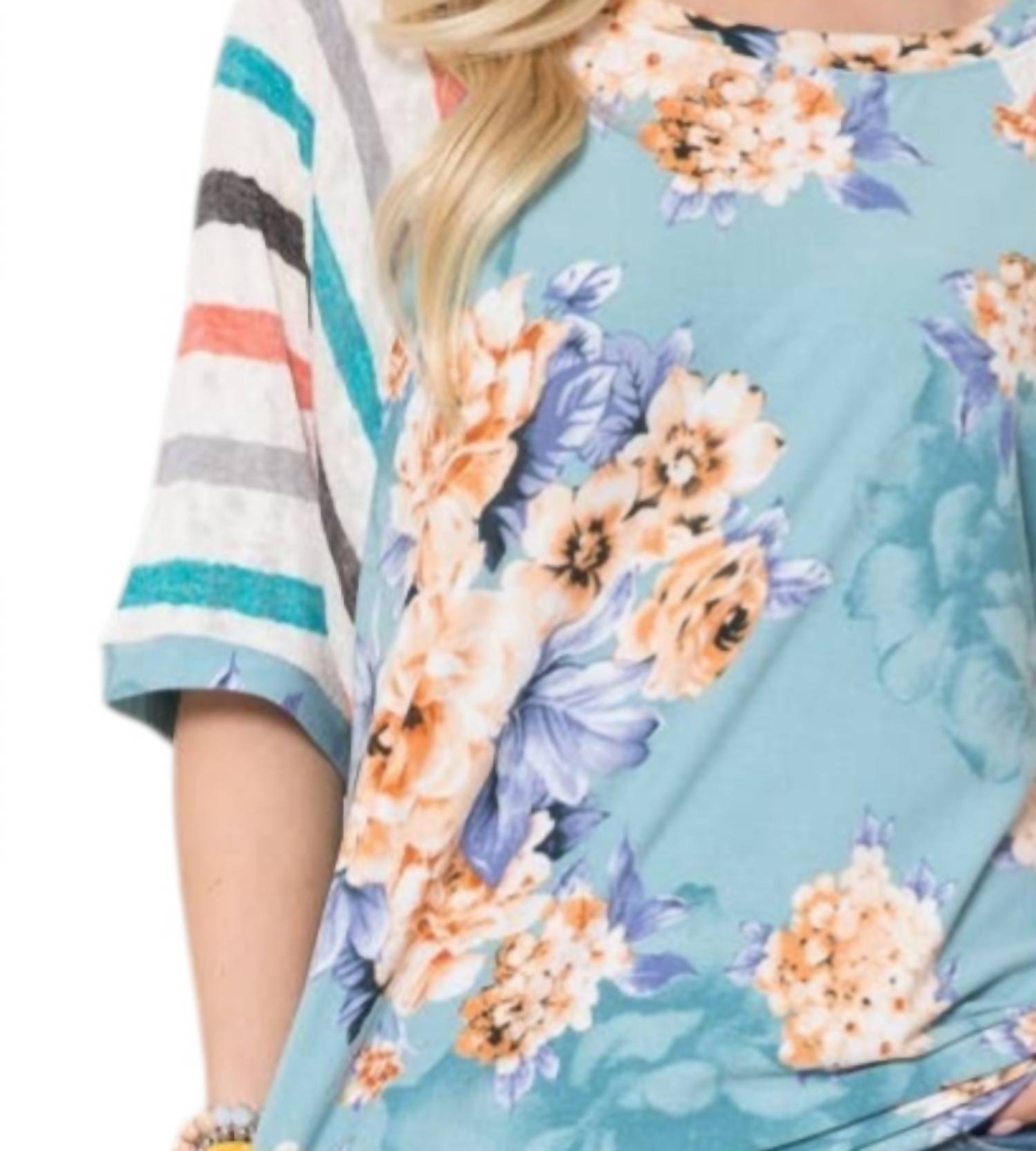 Celeste - Denim Floral Stripe Sleeve Top - Plus