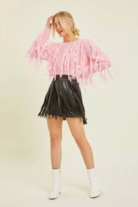 Baevely by Wellmade Fringe Cropped Sweater in pink - women's sweater - detail view