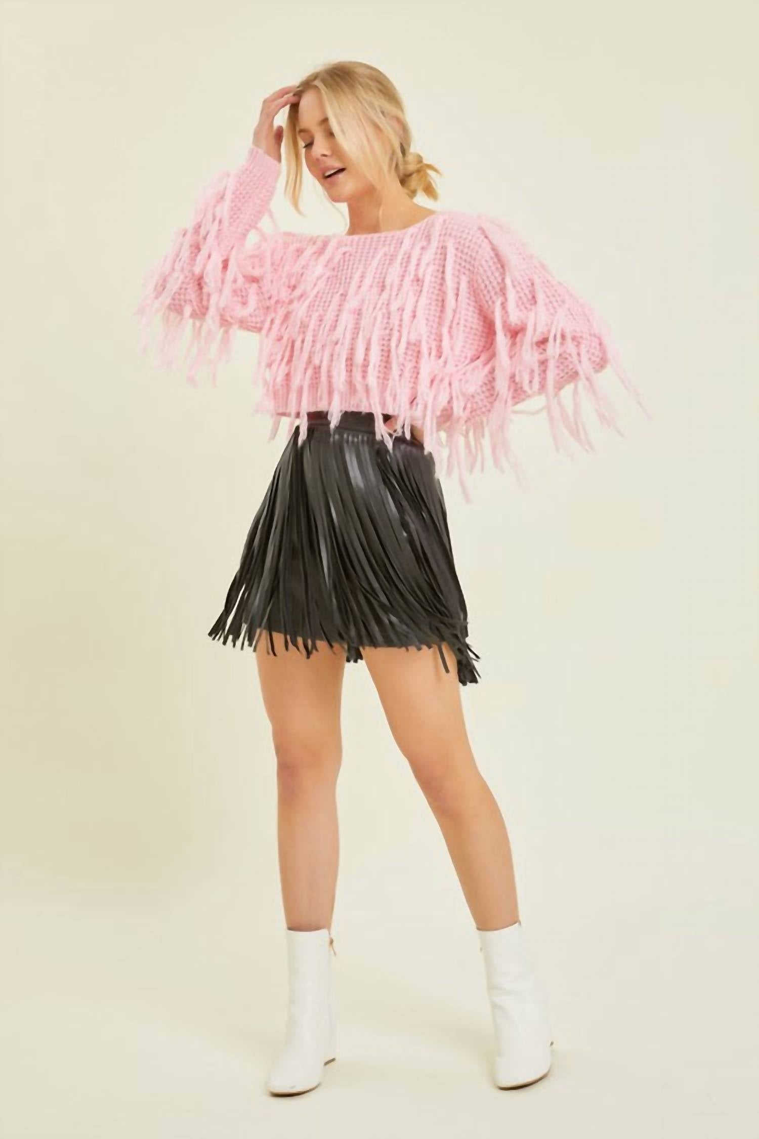 Baevely by Wellmade Fringe Cropped Sweater in pink - women's sweater - detail view