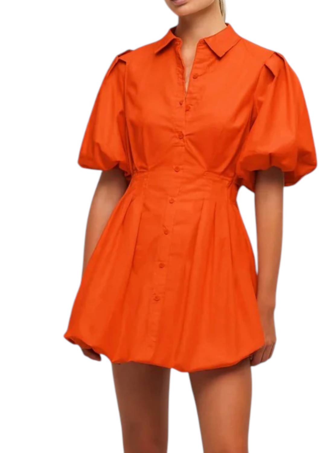 JONATHAN SIMKHAI CLEO BALLOON PINTUCK MINI DRESS in lobster - women's dress - detail view