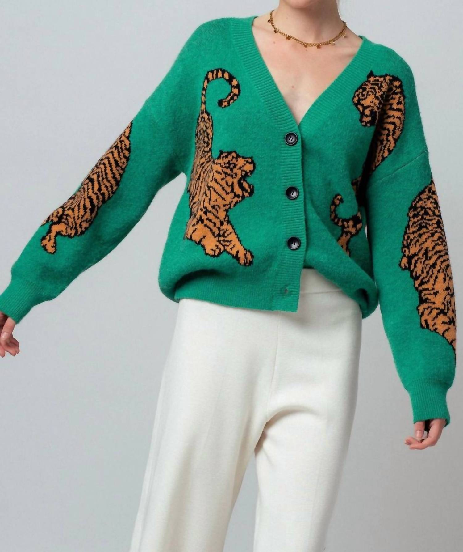 Urban Daizy Tiger Knit Cardigan in kelly green - women's cardigan - view 4