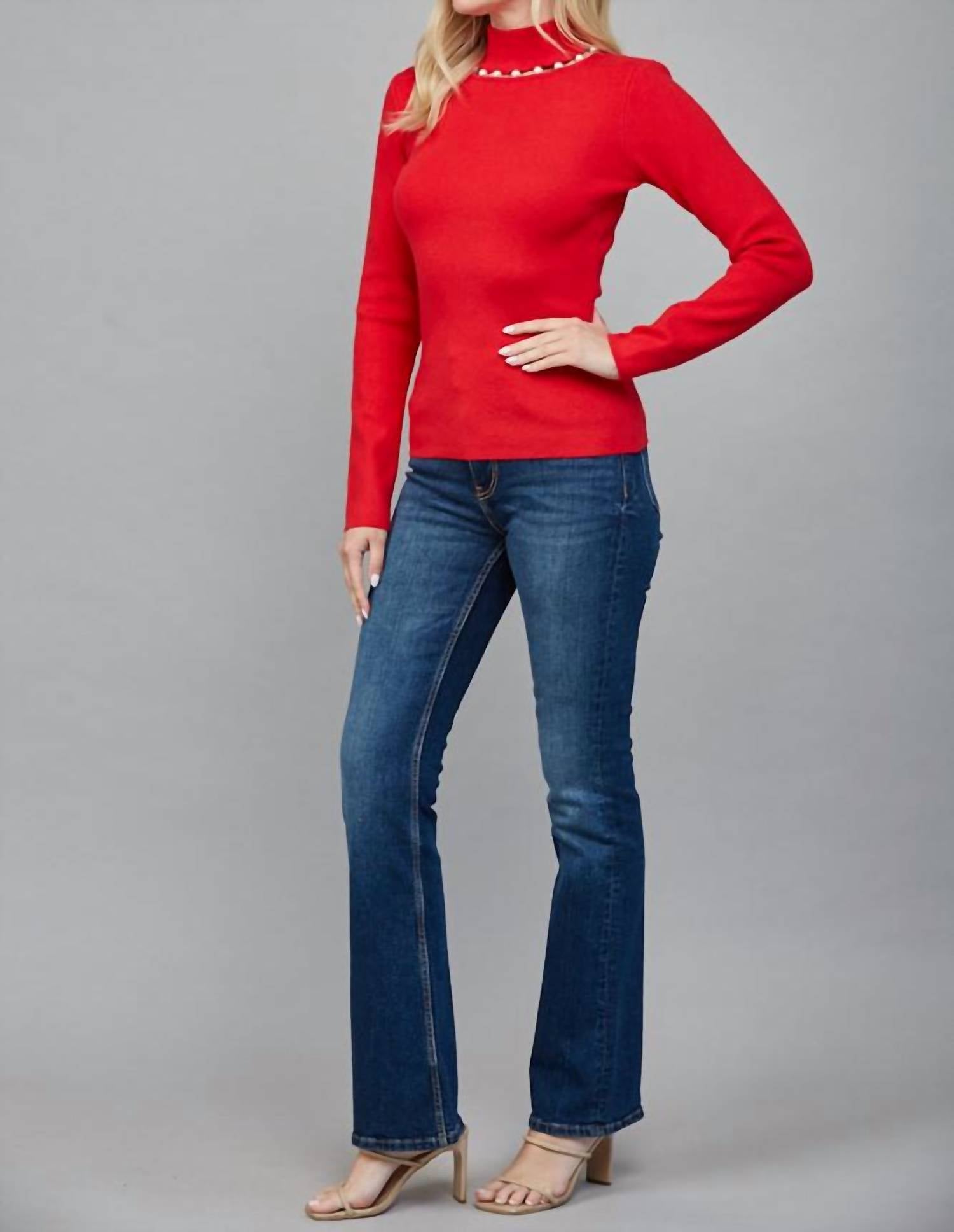 Fate Pearl Trim Turtleneck Sweater in red - women's sweater - view 5