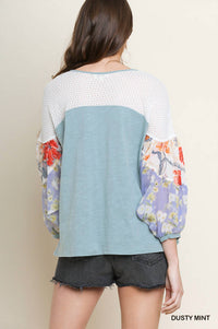 Umgee - Floral Mixed Print Puff Sleeve Knit Top