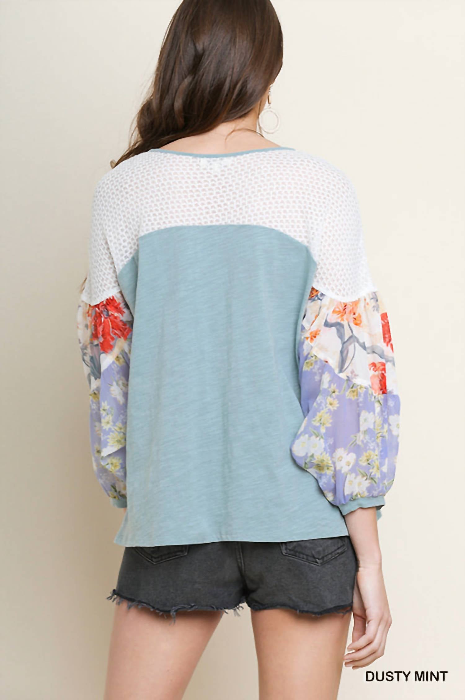 Umgee - Floral Mixed Print Puff Sleeve Knit Top