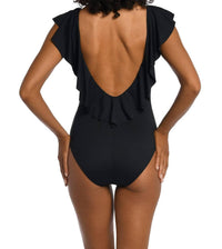 La Blanca Island Goddess Over The Shoulder Ruffle Plunge One Piece in black - women's swimwear - detail view
