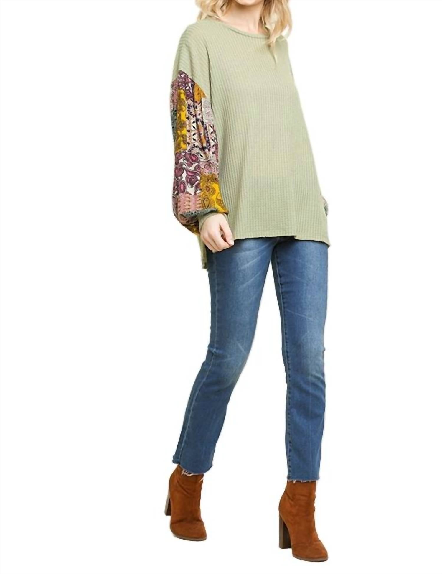 Umgee - Paisley Print Waffle Knit Top