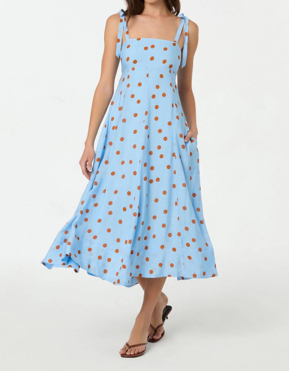 ASTR Lillian Polka Dot Midi Dress in blue rust - women's dress