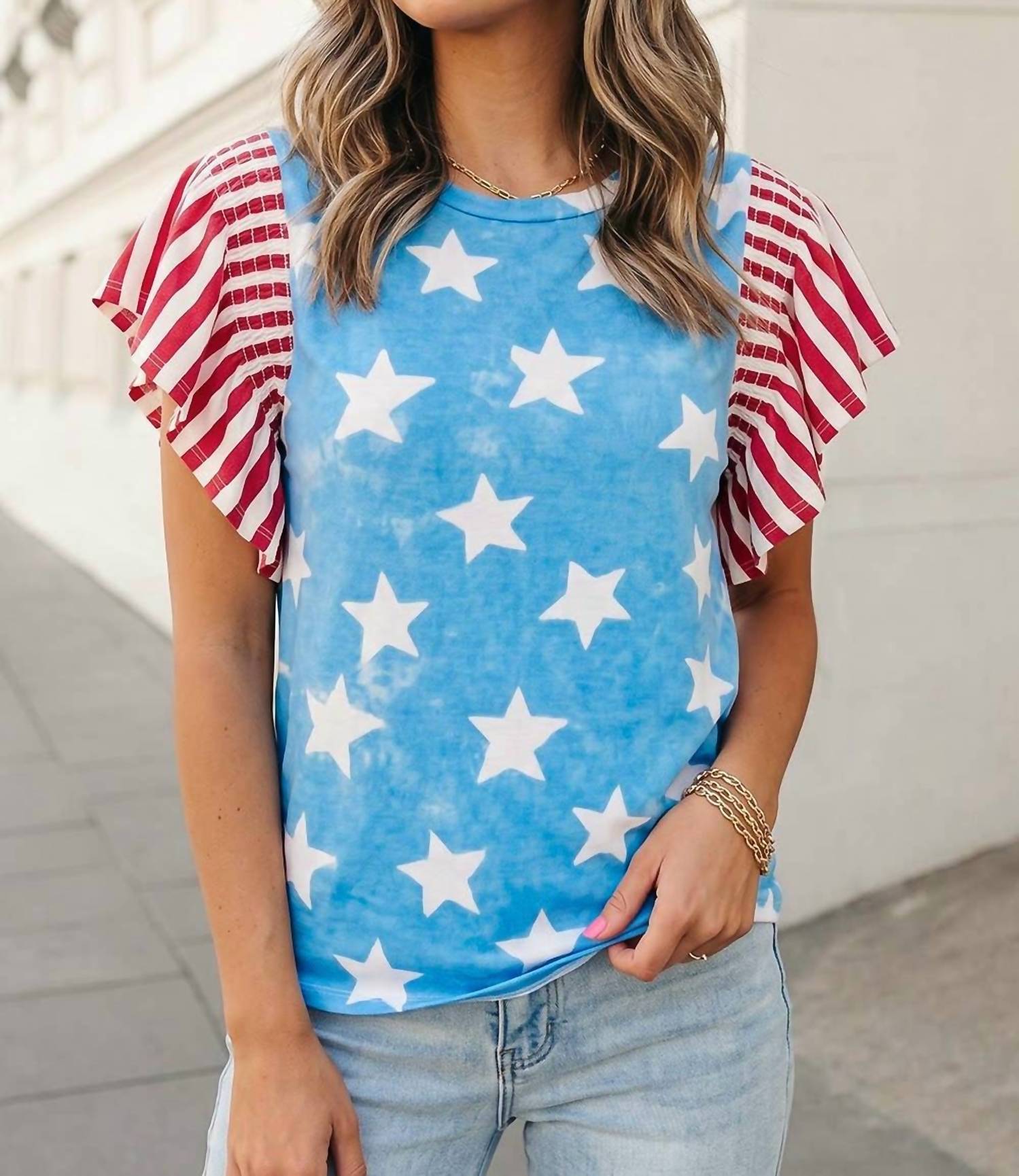 Aapparella - Independence Day Star & Stripe Ruffle Sleeve Top