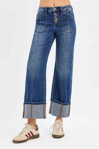 Risen - High Rise Crop Wide Straight Cuffed Jeans