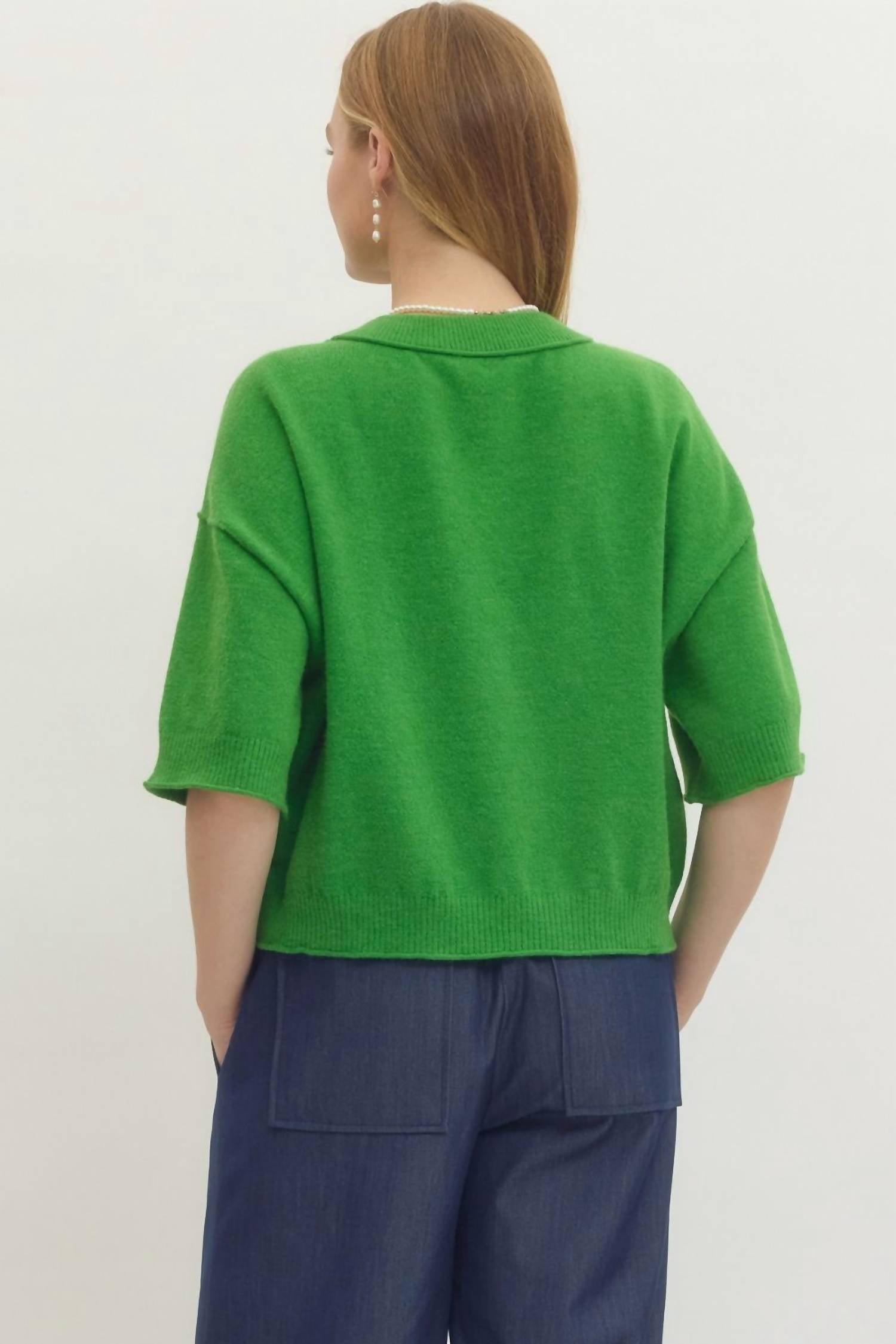 entro Solid Knit 3/4 Wide Sleeve Sweater in green - women's sweater - detail view
