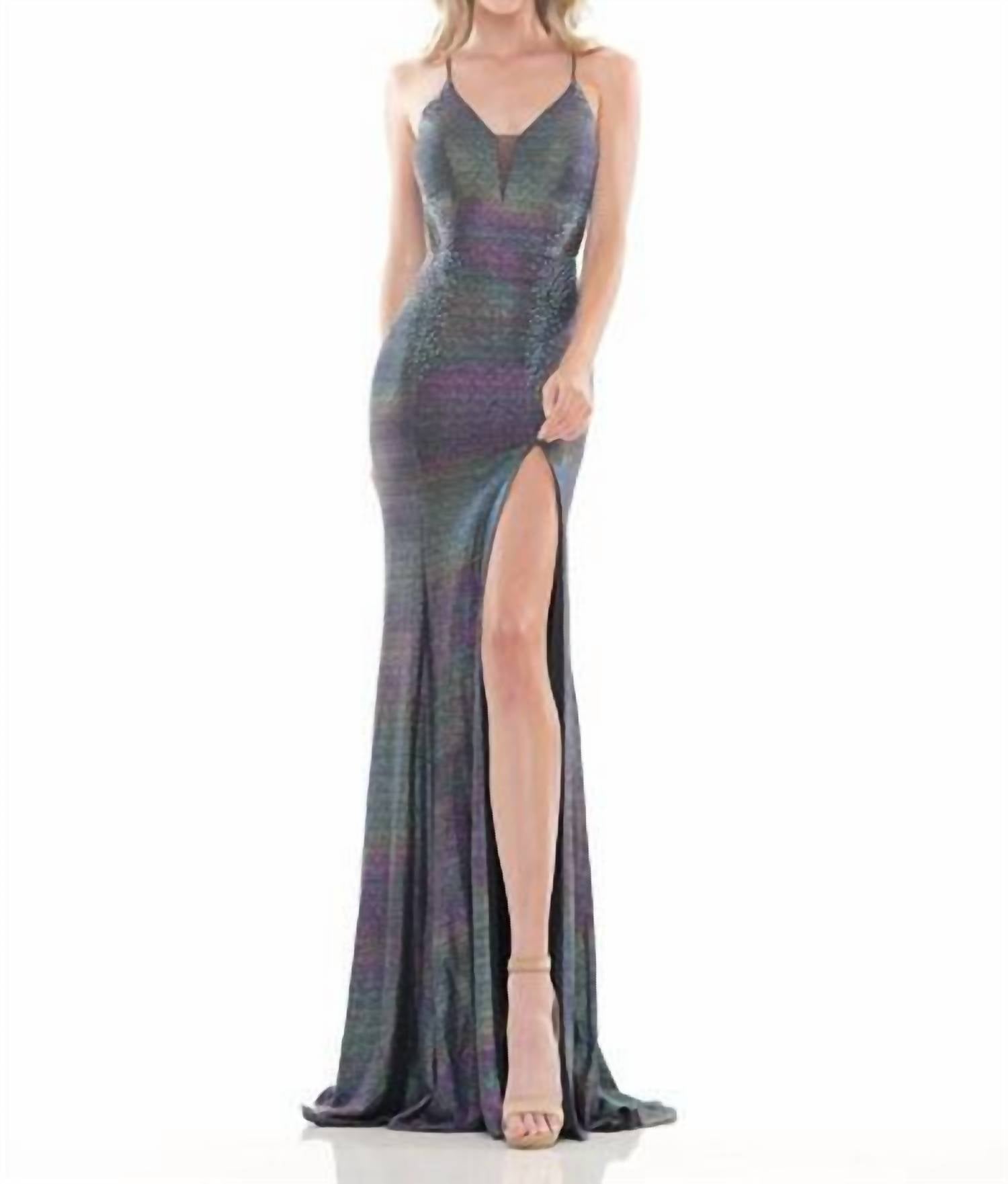 Colors Dress - Long Spaghetti Strap Metallic Prom Gown